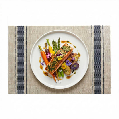 French Countryside Khaki Vinyl Woven Placemat - with Navy Stripe - 16" x 12" - 6 count box
