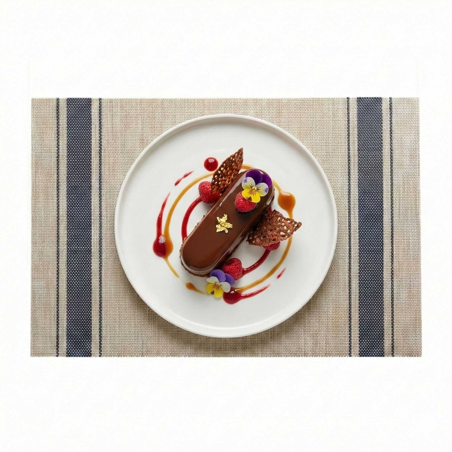 French Countryside Khaki Vinyl Woven Placemat - with Navy Stripe - 16" x 12" - 6 count box