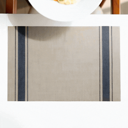 French Countryside Khaki Vinyl Woven Placemat - with Navy Stripe - 16" x 12" - 6 count box