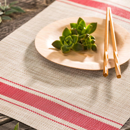 French Countryside Khaki Vinyl Woven Placemat - with Red Stripe - 16" x 12" - 6 count box
