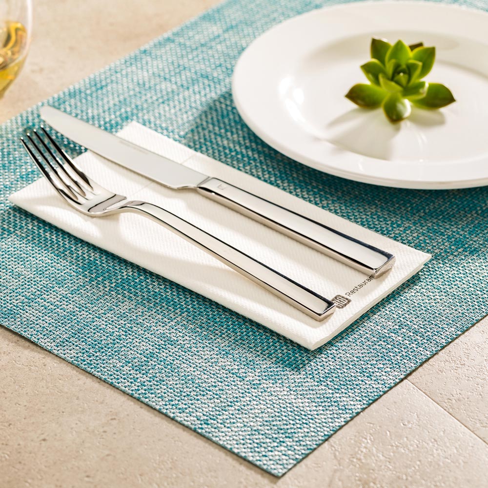 Carmel Mesh Blue Vinyl Woven Placemat - with Pearl Threads - 16" x 12" - 6 count box
