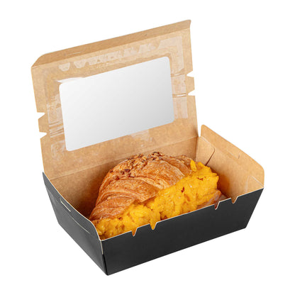 Cafe Vision 21 oz Black Paper Small Take Out Container - Hinge Lock - 6 1/4" x 4" x 1 3/4" - 50 count box