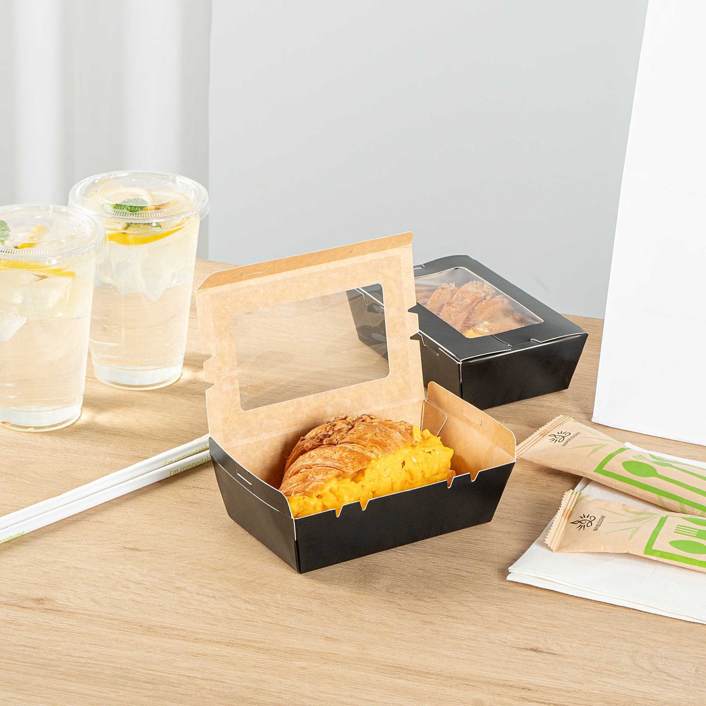 Cafe Vision 21 oz Black Paper Small Take Out Container - Hinge Lock - 6 1/4" x 4" x 1 3/4" - 50 count box