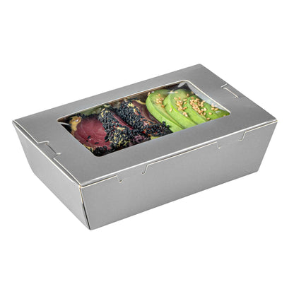 Cafe Vision 21 oz Gray Paper Take Out Container - Hinge Lock - 6 1/4" x 4" x 1 3/4" - 50 count box