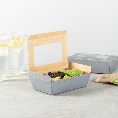Cafe Vision 21 oz Gray Paper Take Out Container - Hinge Lock - 6 1/4" x 4" x 1 3/4" - 200 count box