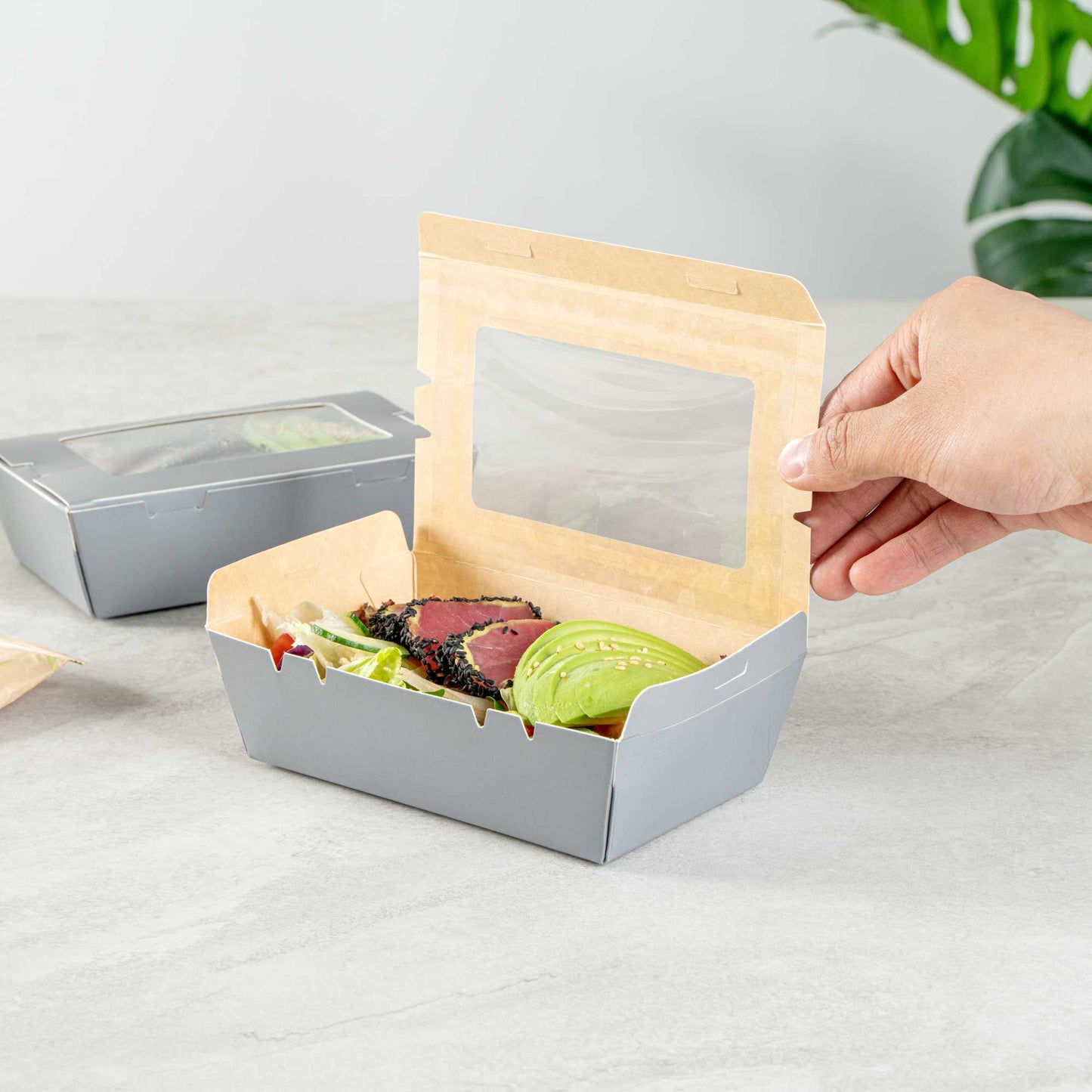Cafe Vision 21 oz Gray Paper Take Out Container - Hinge Lock - 6 1/4" x 4" x 1 3/4" - 200 count box