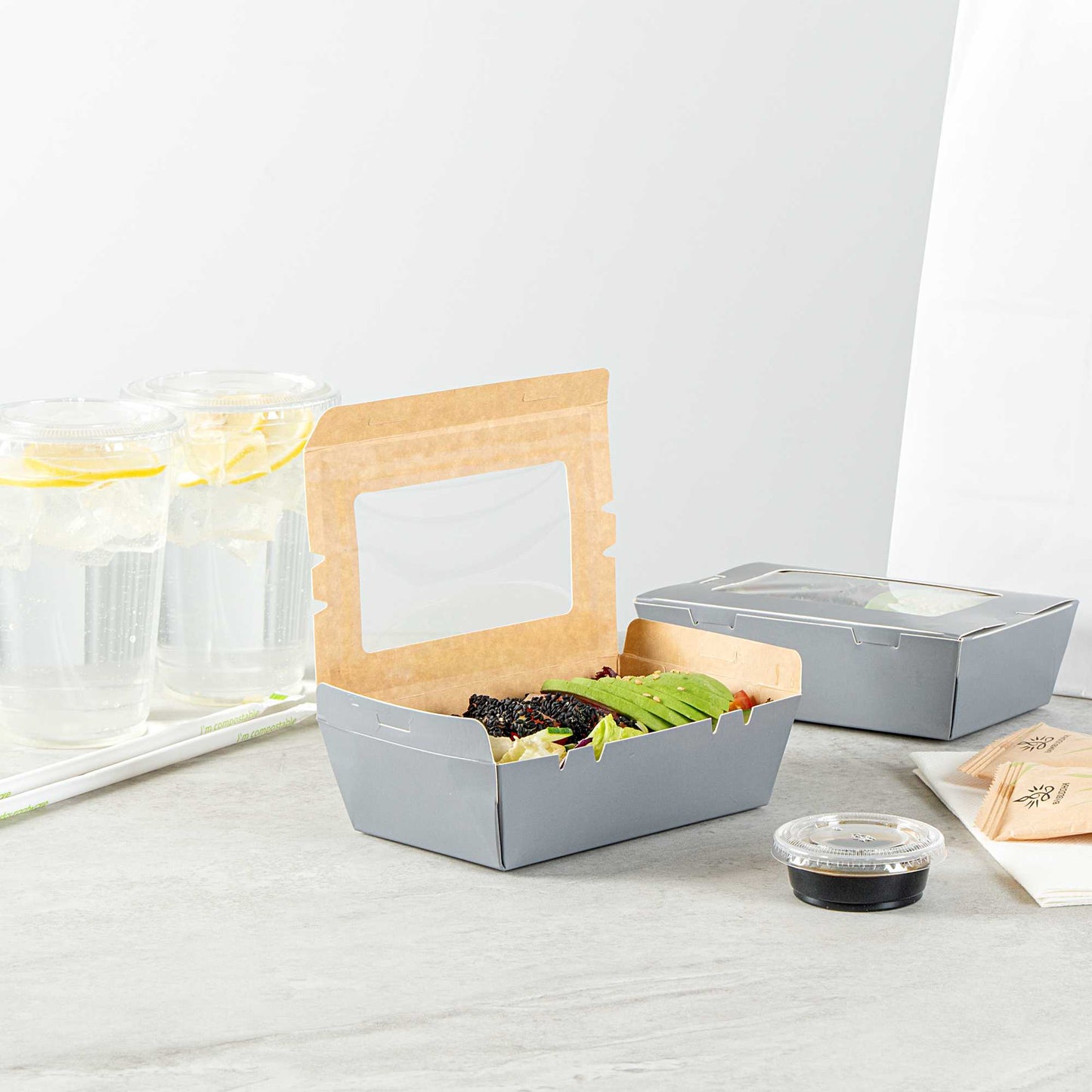 Cafe Vision 21 oz Gray Paper Take Out Container - Hinge Lock - 6 1/4" x 4" x 1 3/4" - 200 count box