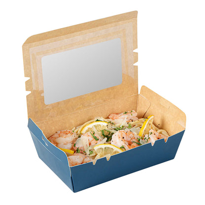 Cafe Vision 21 oz Midnight Blue Paper Small Take Out Container - Hinge Lock - 6 1/4" x 4" x 1 3/4" - 50 count box