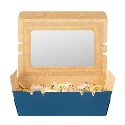 Cafe Vision 21 oz Midnight Blue Paper Small Take Out Container - Hinge Lock - 6 1/4" x 4" x 1 3/4" - 50 count box
