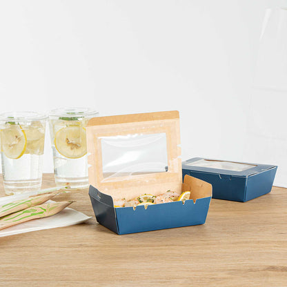 Cafe Vision 21 oz Midnight Blue Paper Small Take Out Container - Hinge Lock - 6 1/4" x 4" x 1 3/4" - 200 count box