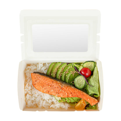 Cafe Vision 21 oz White Paper Small Take Out Container - Hinge Lock - 6 1/4" x 4" x 1 3/4" - 50 count box