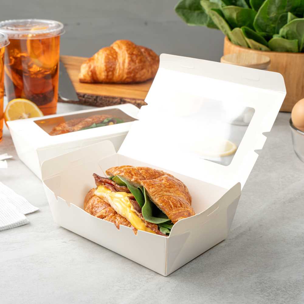 Cafe Vision 21 oz White Paper Small Take Out Container - Hinge Lock - 6 1/4" x 4" x 1 3/4" - 50 count box