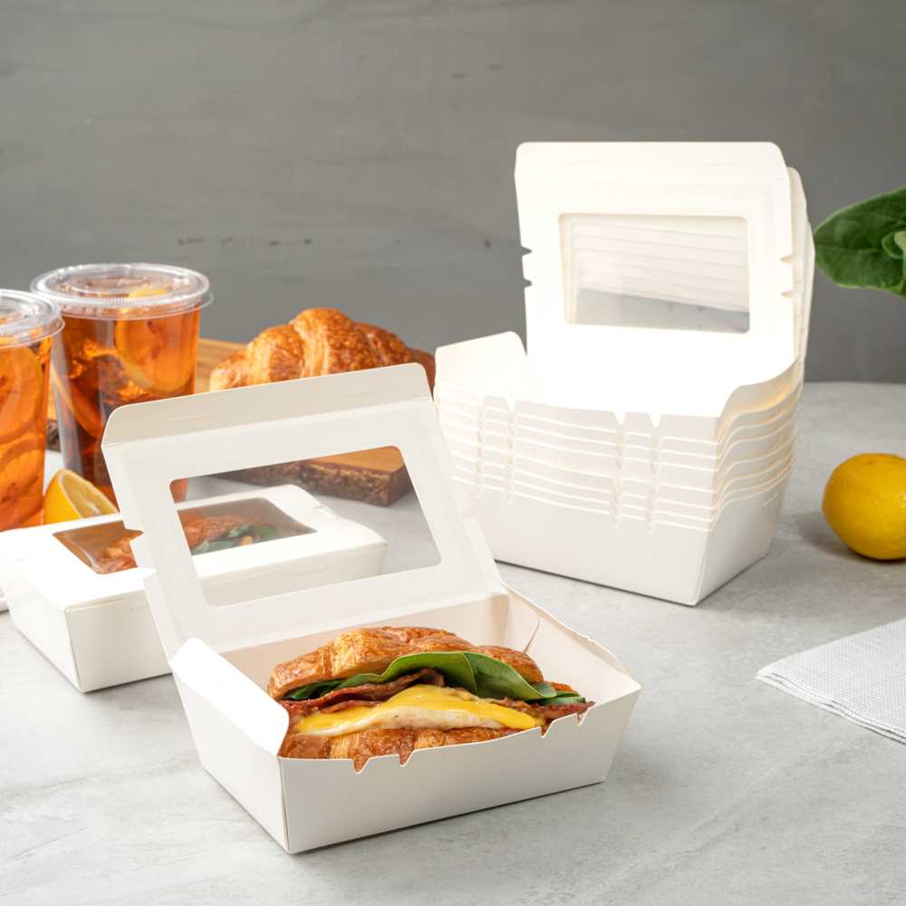 Cafe Vision 21 oz White Paper Small Take Out Container - Hinge Lock - 6 1/4" x 4" x 1 3/4" - 50 count box