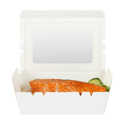 Cafe Vision 21 oz White Paper Small Take Out Container - Hinge Lock - 6 1/4" x 4" x 1 3/4" - 200 count box