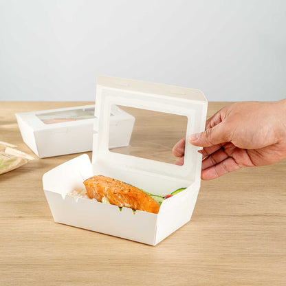 Cafe Vision 21 oz White Paper Small Take Out Container - Hinge Lock - 6 1/4" x 4" x 1 3/4" - 200 count box