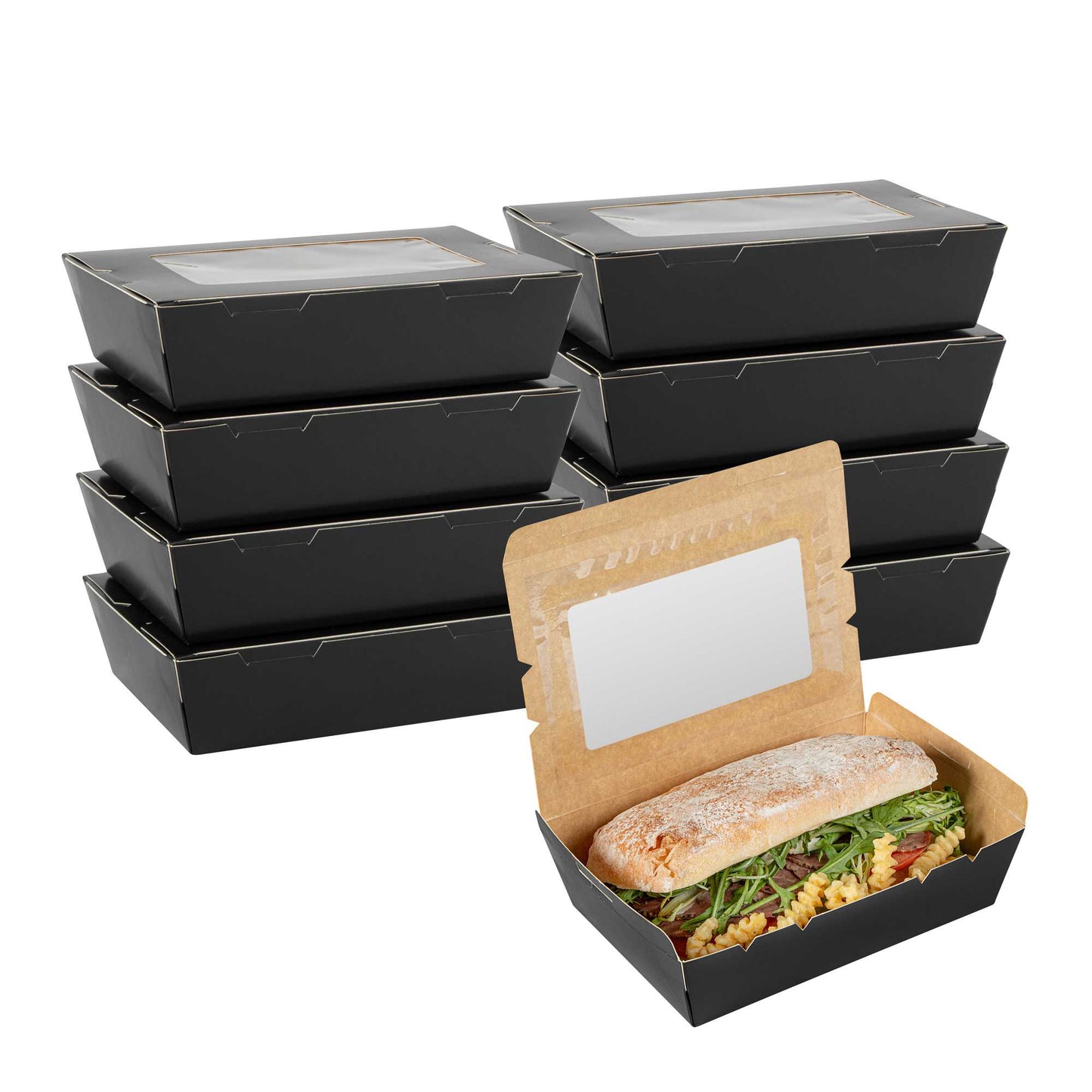 Cafe Vision 42 oz Black Paper Medium Take Out Container - Hinge Lock - 8" x 5 1/2" x 2" - 200 count box