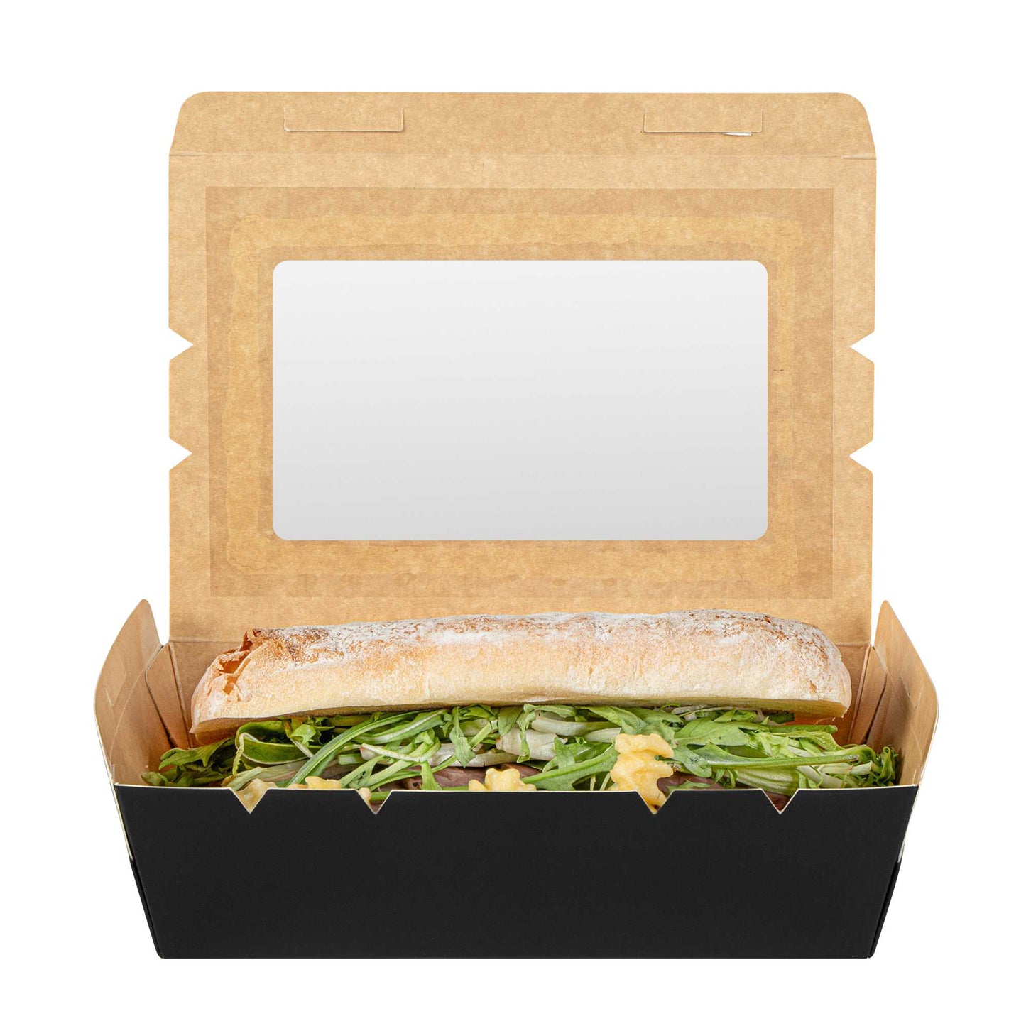 Cafe Vision 42 oz Black Paper Medium Take Out Container - Hinge Lock - 8" x 5 1/2" x 2" - 50 count box