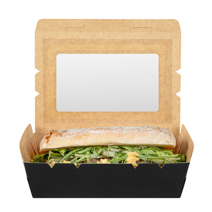 Cafe Vision 42 oz Black Paper Medium Take Out Container - Hinge Lock - 8" x 5 1/2" x 2" - 50 count box