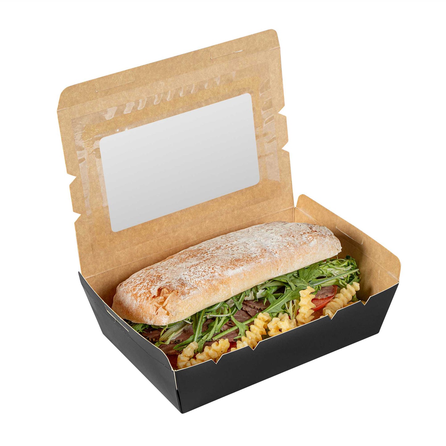 Cafe Vision 42 oz Black Paper Medium Take Out Container - Hinge Lock - 8" x 5 1/2" x 2" - 200 count box
