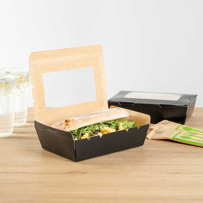 Cafe Vision 42 oz Black Paper Medium Take Out Container - Hinge Lock - 8" x 5 1/2" x 2" - 200 count box