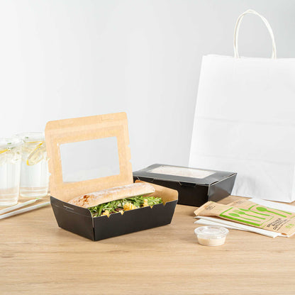 Cafe Vision 42 oz Black Paper Medium Take Out Container - Hinge Lock - 8" x 5 1/2" x 2" - 200 count box