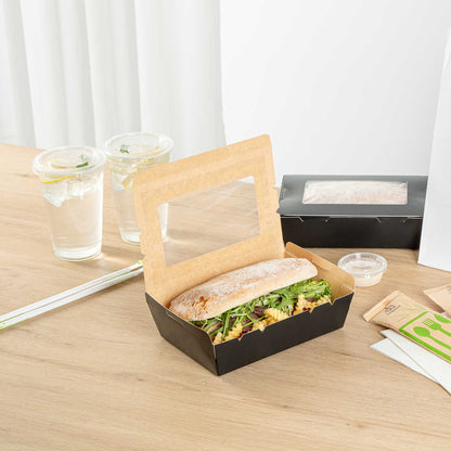 Cafe Vision 42 oz Black Paper Medium Take Out Container - Hinge Lock - 8" x 5 1/2" x 2" - 200 count box