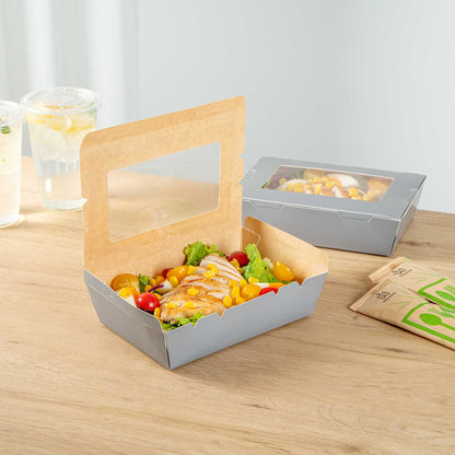 Cafe Vision 42 oz Gray Paper Take Out Container - Hinge Lock - 8" x 5 1/2" x 2" - 50 count box