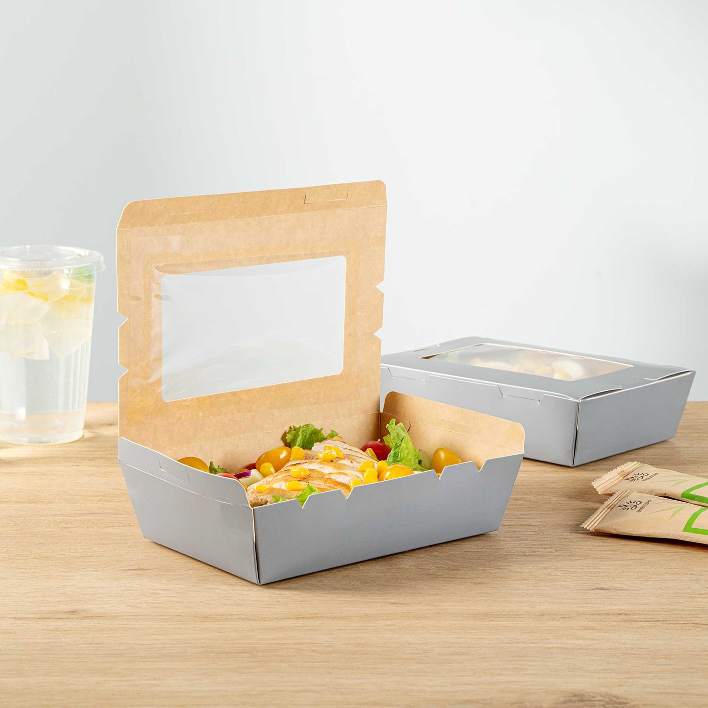 Cafe Vision 42 oz Gray Paper Take Out Container - Hinge Lock - 8" x 5 1/2" x 2" - 50 count box