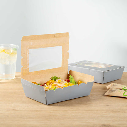 Cafe Vision 42 oz Gray Paper Take Out Container - Hinge Lock - 8" x 5 1/2" x 2" - 200 count box