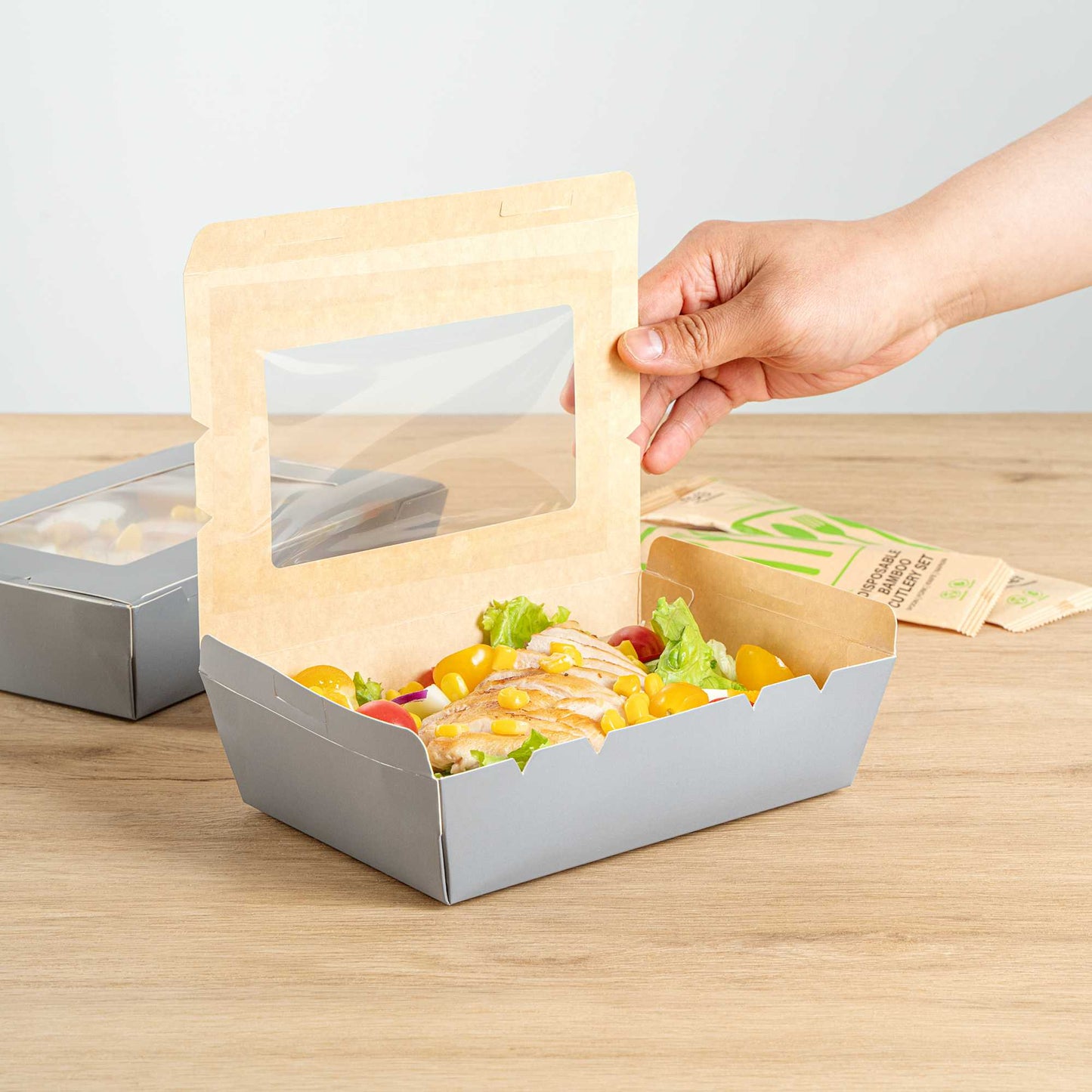 Cafe Vision 42 oz Gray Paper Take Out Container - Hinge Lock - 8" x 5 1/2" x 2" - 200 count box