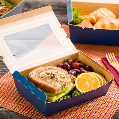 Cafe Vision 42 oz Midnight Blue Paper Medium Take Out Container - Hinge Lock - 8" x 5 1/2" x 2" - 50 count box