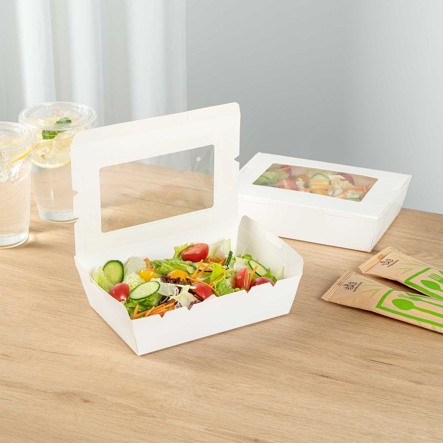 Cafe Vision 42 oz White Paper Medium Take Out Container - Hinge Lock - 8" x 5 1/2" x 2" - 200 count box