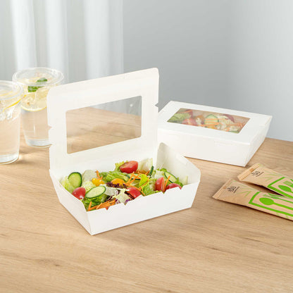 Cafe Vision 42 oz White Paper Medium Take Out Container - Hinge Lock - 8" x 5 1/2" x 2" - 50 count box