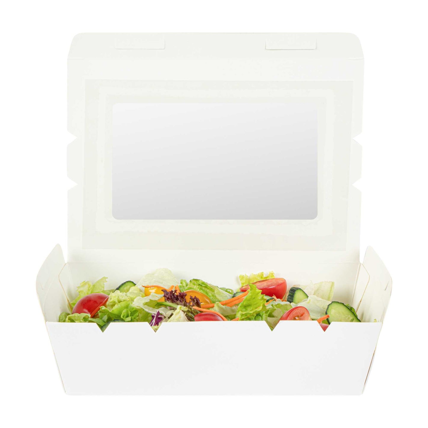 Cafe Vision 42 oz White Paper Medium Take Out Container - Hinge Lock - 8" x 5 1/2" x 2" - 50 count box