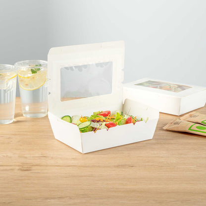 Cafe Vision 42 oz White Paper Medium Take Out Container - Hinge Lock - 8" x 5 1/2" x 2" - 50 count box
