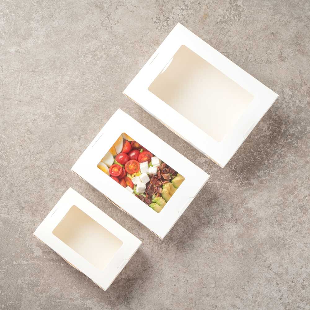 Cafe Vision 42 oz White Paper Medium Take Out Container - Hinge Lock - 8" x 5 1/2" x 2" - 50 count box