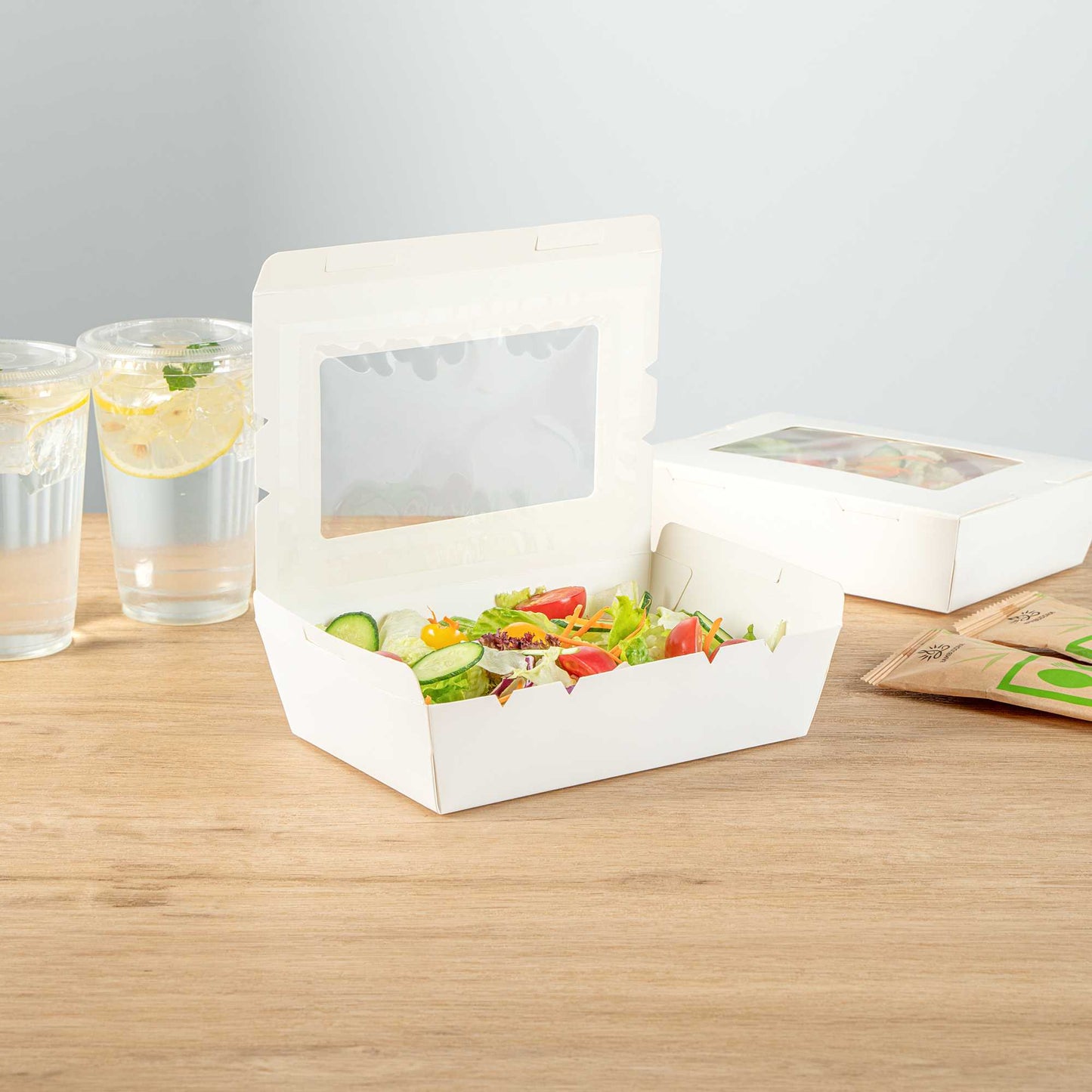 Cafe Vision 42 oz White Paper Medium Take Out Container - Hinge Lock - 8" x 5 1/2" x 2" - 200 count box
