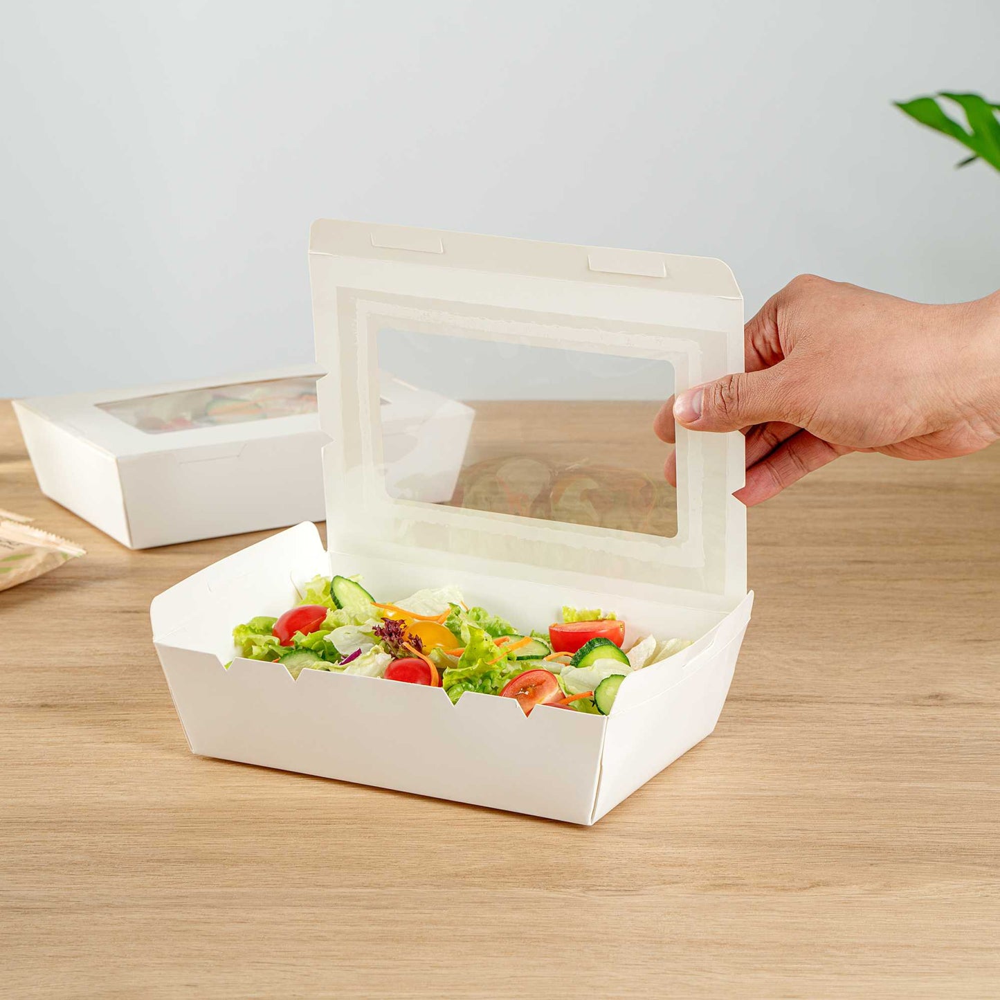Cafe Vision 42 oz White Paper Medium Take Out Container - Hinge Lock - 8" x 5 1/2" x 2" - 200 count box