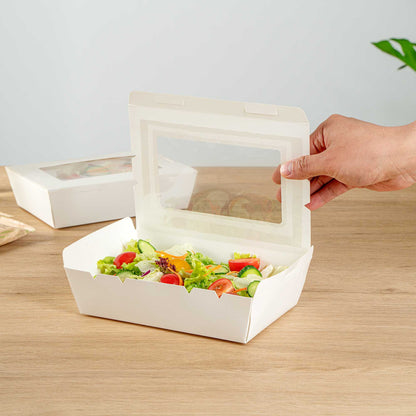 Cafe Vision 42 oz White Paper Medium Take Out Container - Hinge Lock - 8" x 5 1/2" x 2" - 200 count box