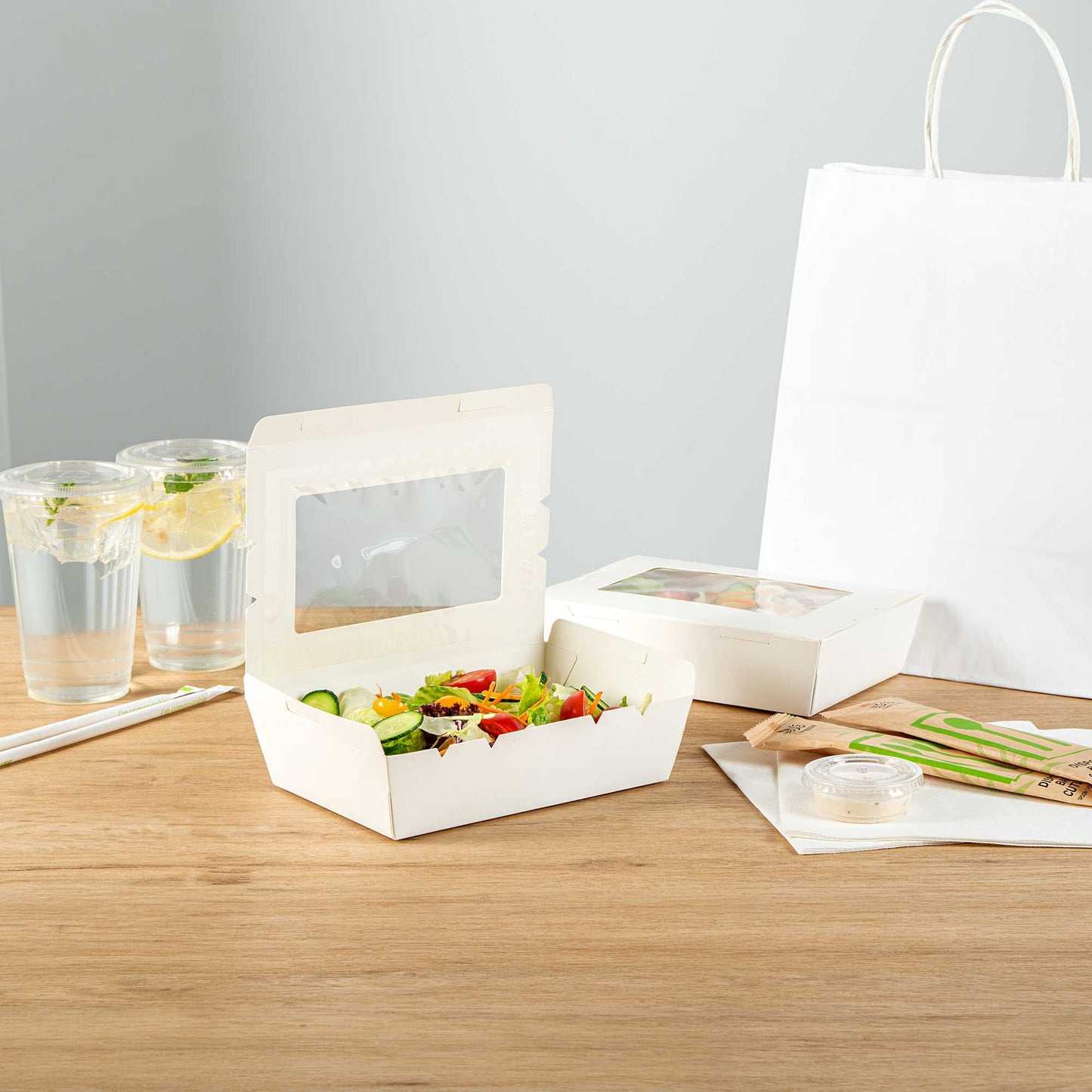 Cafe Vision 42 oz White Paper Medium Take Out Container - Hinge Lock - 8" x 5 1/2" x 2" - 200 count box