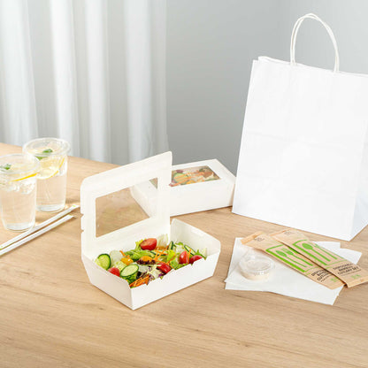 Cafe Vision 42 oz White Paper Medium Take Out Container - Hinge Lock - 8" x 5 1/2" x 2" - 200 count box