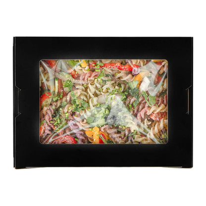 Cafe Vision 71 oz Black Paper Large Take Out Container - Hinge Lock - 8 3/4" x 6 1/2" x 2 1/2" - 50 count box