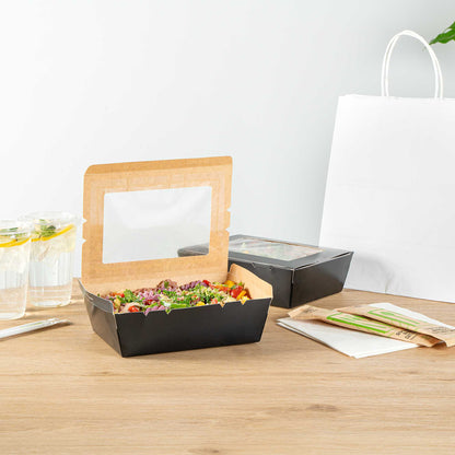 Cafe Vision 71 oz Black Paper Large Take Out Container - Hinge Lock - 8 3/4" x 6 1/2" x 2 1/2" - 50 count box