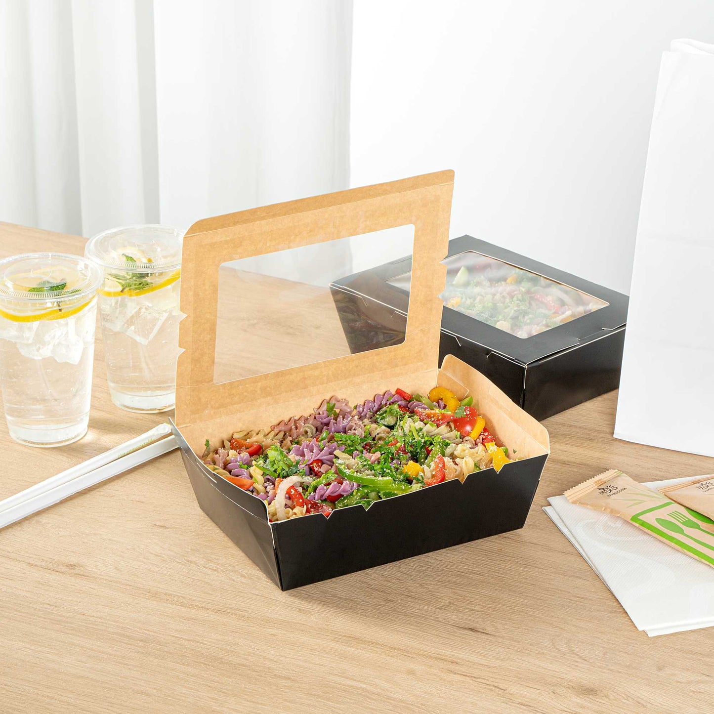 Cafe Vision 71 oz Black Paper Large Take Out Container - Hinge Lock - 8 3/4" x 6 1/2" x 2 1/2" - 50 count box