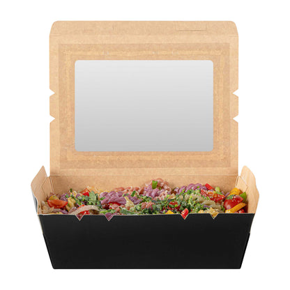 Cafe Vision 71 oz Black Paper Large Take Out Container - Hinge Lock - 8 3/4" x 6 1/2" x 2 1/2" - 200 count box