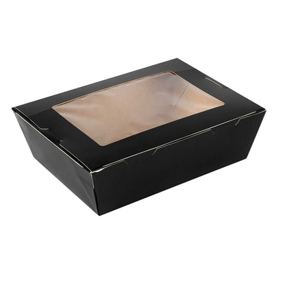 Cafe Vision 71 oz Black Paper Large Take Out Container - Hinge Lock - 8 3/4" x 6 1/2" x 2 1/2" - 200 count box