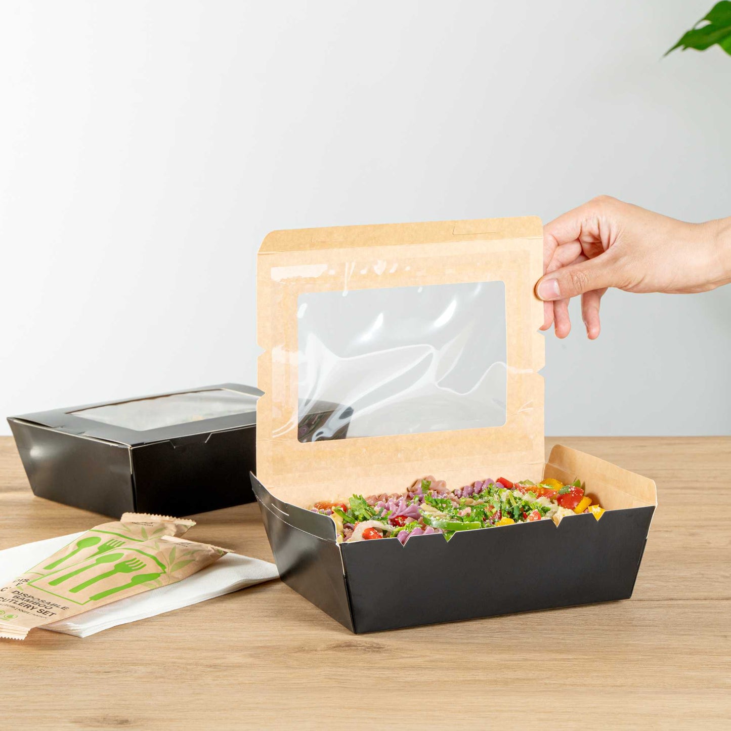 Cafe Vision 71 oz Black Paper Large Take Out Container - Hinge Lock - 8 3/4" x 6 1/2" x 2 1/2" - 200 count box