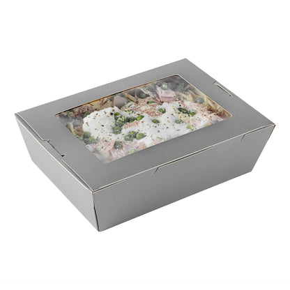 Cafe Vision 71 oz Gray Paper Take Out Container - Hinge Lock - 8 3/4" x 6 1/2" x 2 1/2" - 50 count box