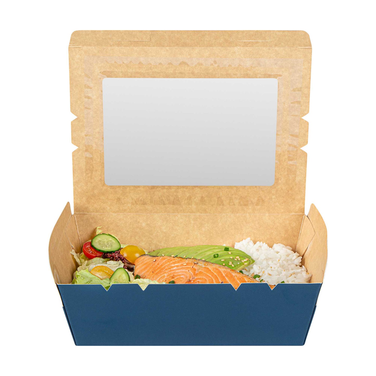 Cafe Vision 71 oz Midnight Blue Paper Large Take Out Container - Hinge Lock - 8 3/4" x 6 1/2" x 2 1/2" - 50 count box