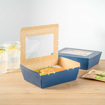 Cafe Vision 71 oz Midnight Blue Paper Large Take Out Container - Hinge Lock - 8 3/4" x 6 1/2" x 2 1/2" - 50 count box
